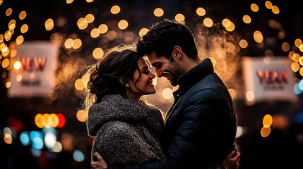 couple embracing under city lights, surrounded by warm atmosphere