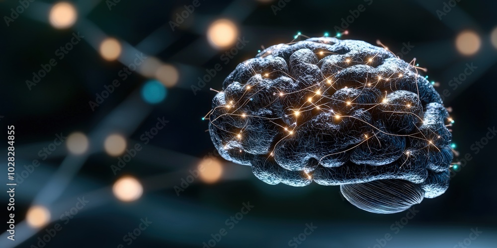 Poster 3d render of illuminated human brain with neural network connections