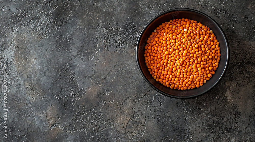 Poster red lentil in a black bowl on grey stone background top view copy space : generative ai