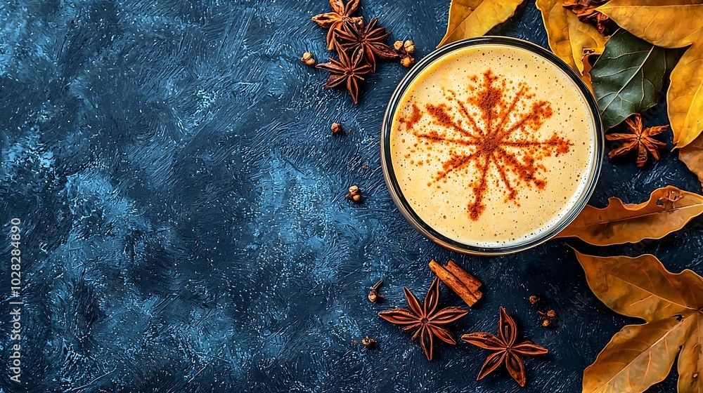 Aufkleber pumpkin smoothie with pumpkin pie spices on a blue textile background top view : generative ai
