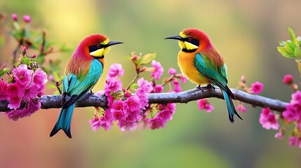Fototapeta premium Two Colorful Birds Perched on a Branch with Pink Blossoms