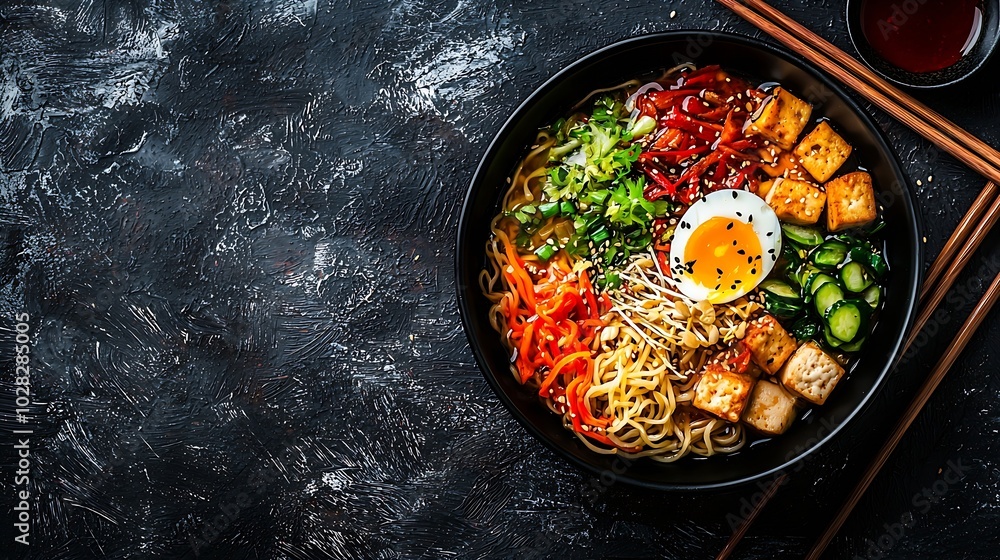 Poster asian noodle soup ramen with chicken tofu vegetables and egg in black bowl slate background copy spa