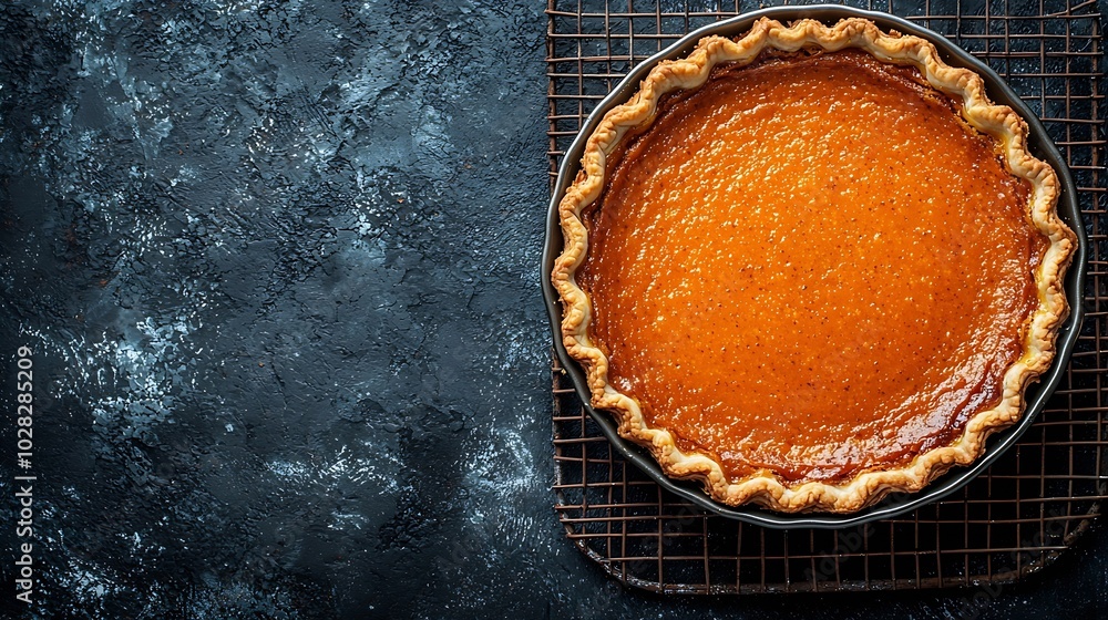 Poster tasty pumpkin pie tart made for thanksgiving day in a baking dish on a colling rack grey stone backg