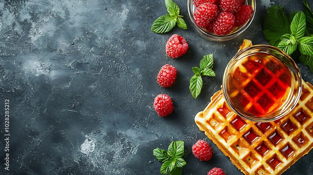 Poster Breakfast Belgian waffles with maple syrup and fresh raspberry Grey background : Generative AI