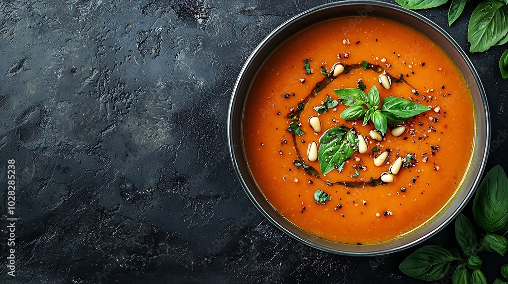 Poster tomato soup with fresh herbs and pine nuts in a bowl grey stone background copy space top view : gen