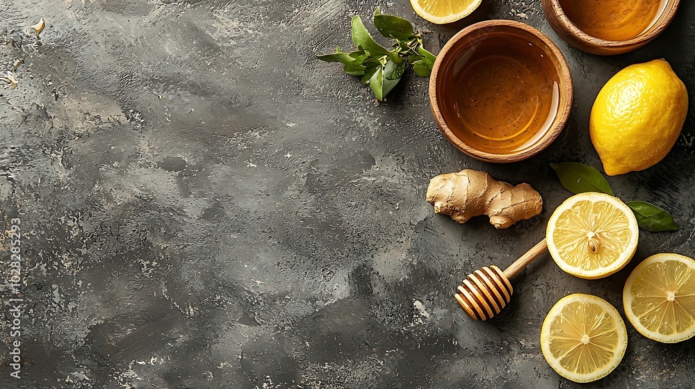 Poster ginger tea with lemon and honey grey background close up : generative ai
