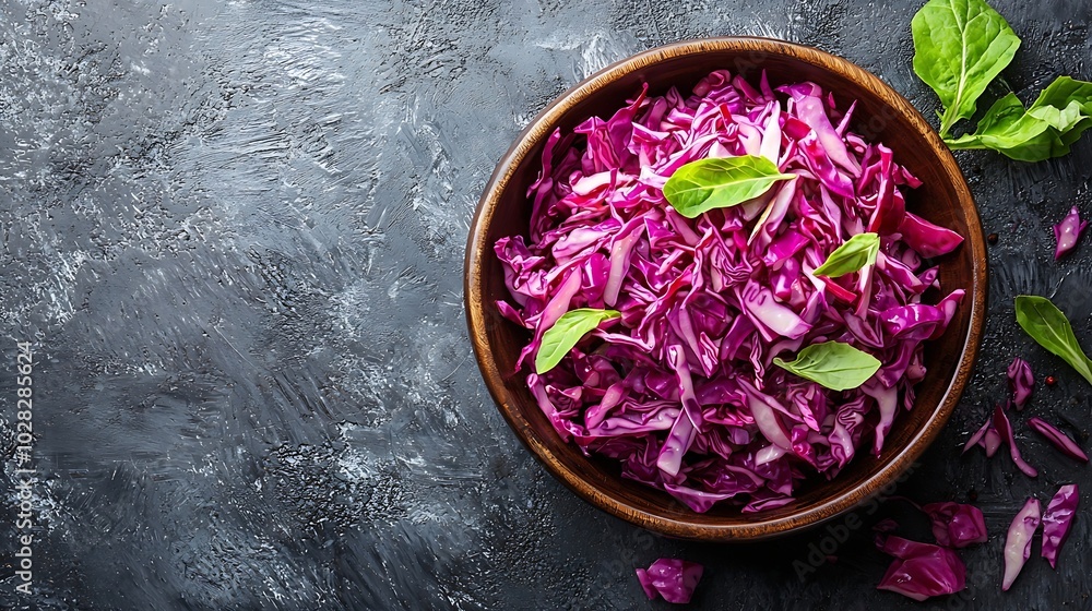 Poster Red cabbage salad Coleslaw in a bowl Grey background Close up Top view : Generative AI