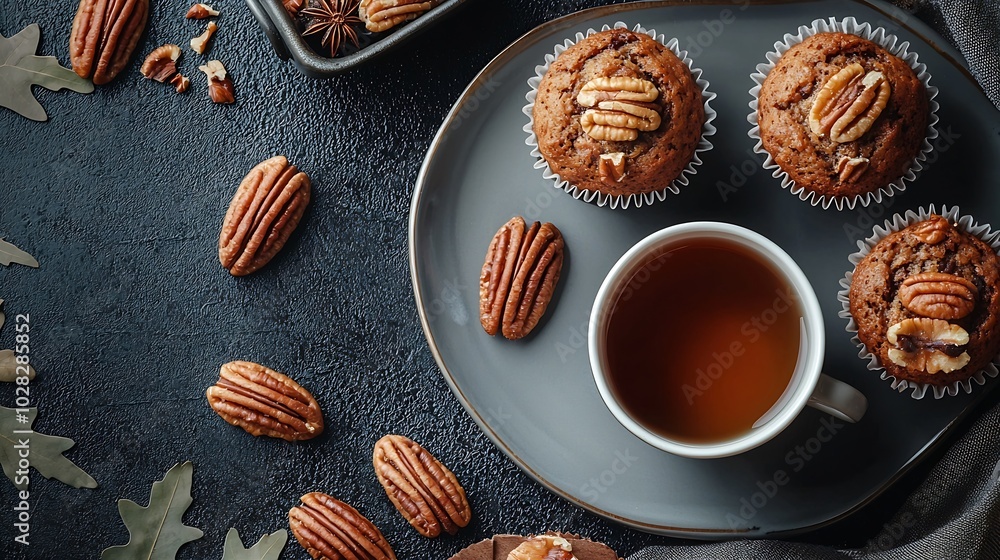 Poster pecan nut muffins with cup of tea on a plate grey background top view : generative ai