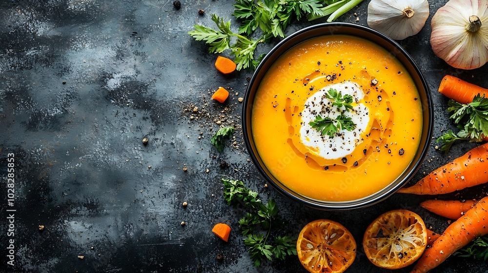 Poster Pumpkin and carrot soup with cream on grey stone background Copy space Top view : Generative AI