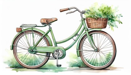 Fototapeta premium Vintage green bicycle with a basket of flowers on a white isolated background.