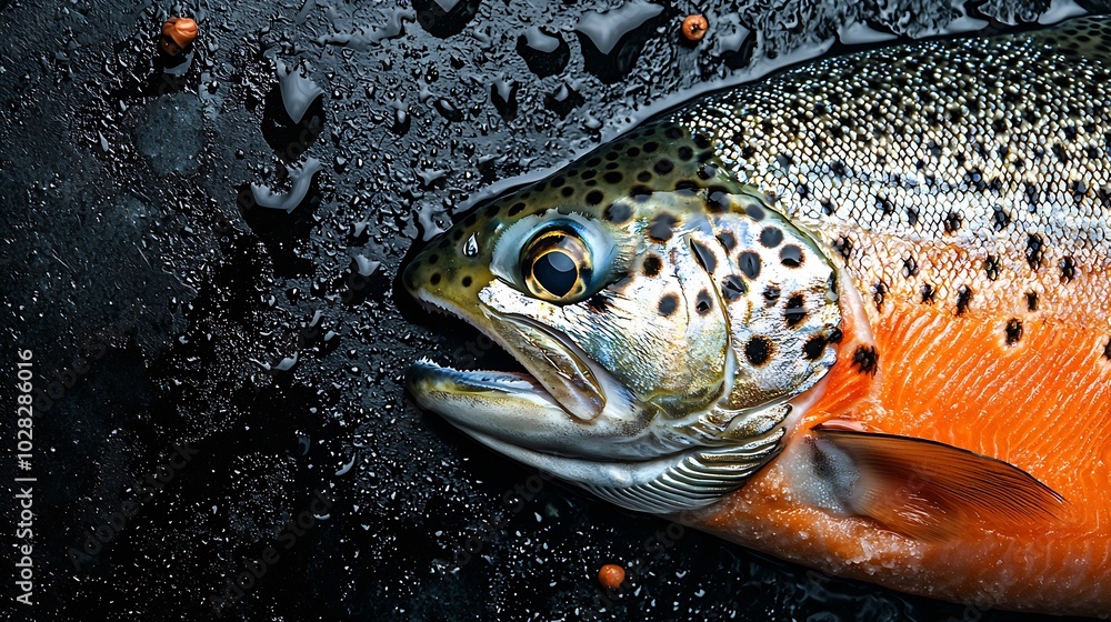 Poster salmon fish trout fillet texture copy space top view : generative ai