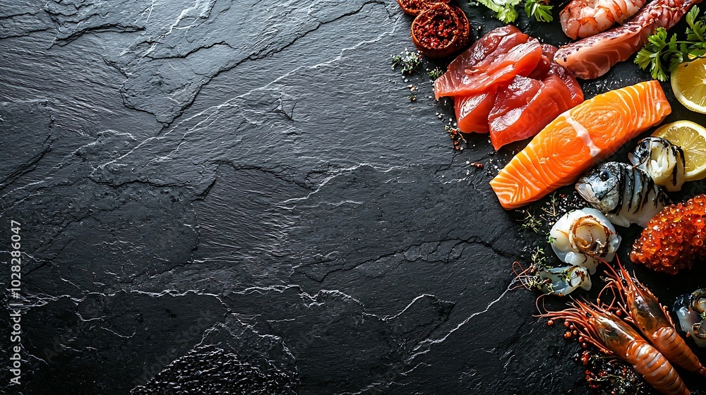 Poster fresh raw fish and seafood assortment on black slate background top view copy space : generative ai