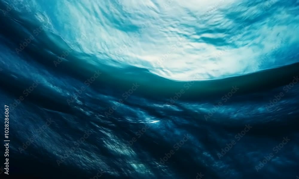 Poster an abstract representation of ocean waves in deep blue tones, evoking tranquility and depth.