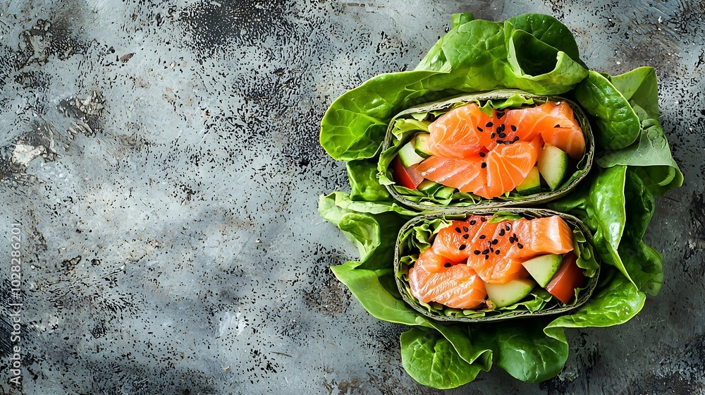 Poster wrap sandwich roll with fish salmon and vegetables grey background close up top view : generative ai