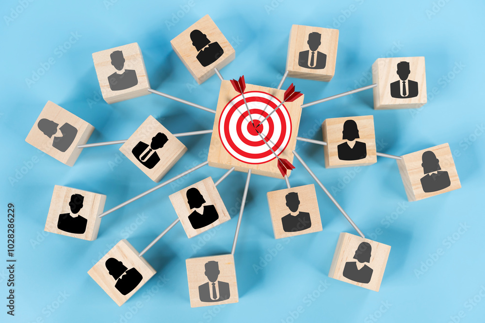 Aufkleber target connection linkage with human icon for customer focus target group and customer relation mana