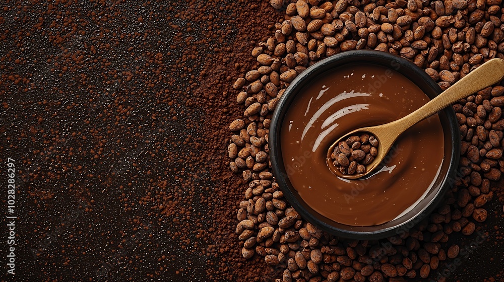 Poster bowl of melted chocolate and wooden spoon on a crushed raw cocoa beans nibs background copy space to