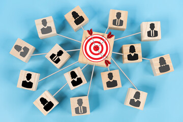 Target connection linkage with human icon for customer focus target group and customer relation...