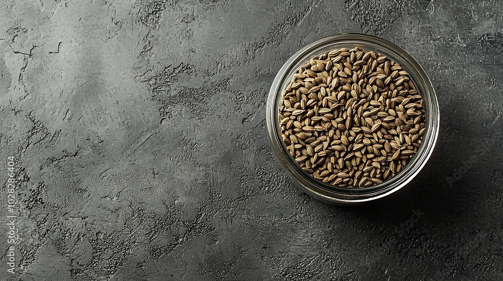 Poster Cumin seeds in a jar on grey stone background Top view Copy space : Generative AI