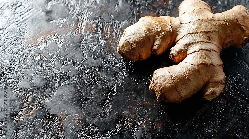 Poster Fresh ginger root Dark background Top view Copy space : Generative AI
