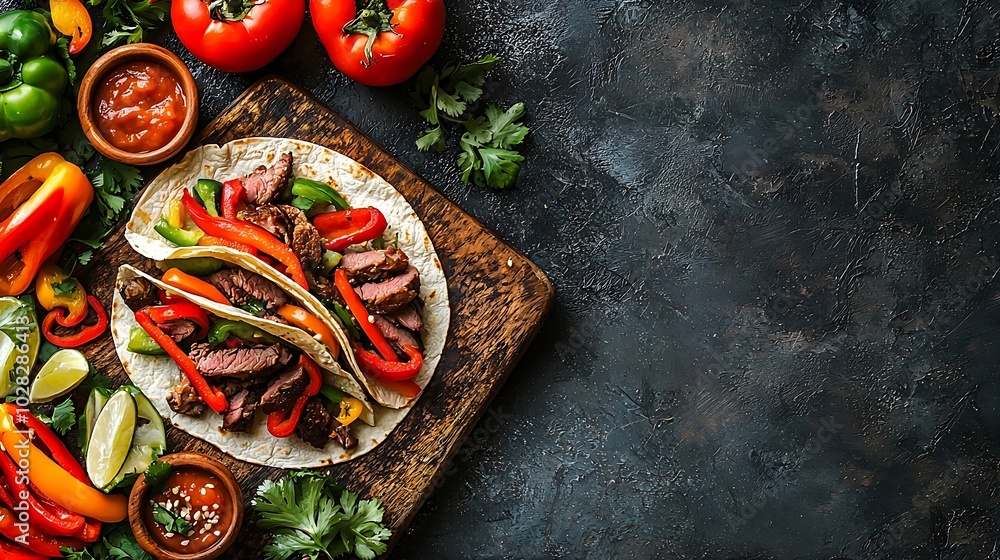 Poster Taco with meat and vegetables on cutting board Grey background Copy space Top view : Generative AI