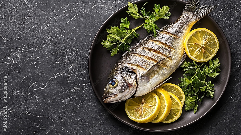 Poster fresh raw fish dorado on a plate with herbs and slices of lemon grey stone background top view : gen