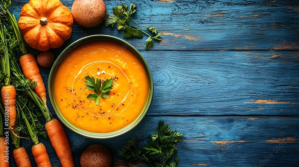 Poster pumpkin and carrot soup with cream on blue wooden background copy space top view : generative ai