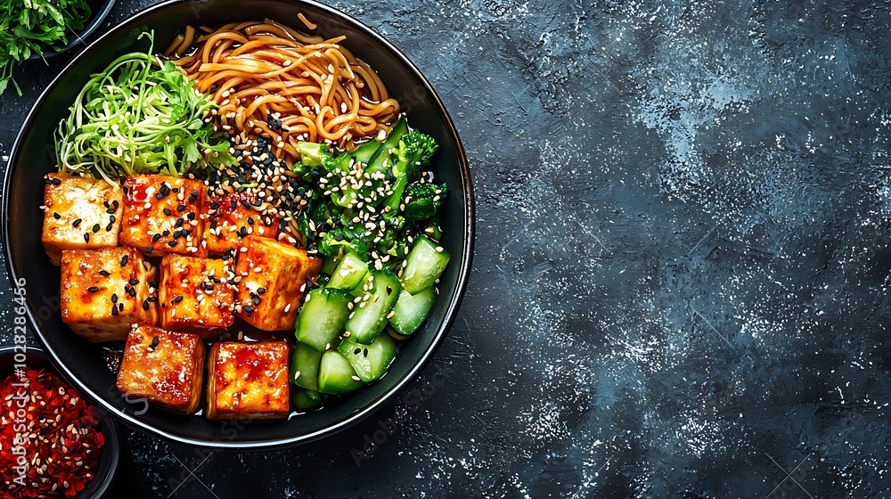 Poster Soba noodles with vegetables and fried tofu in a bowl Grey background Copy space Top view : Generative AI