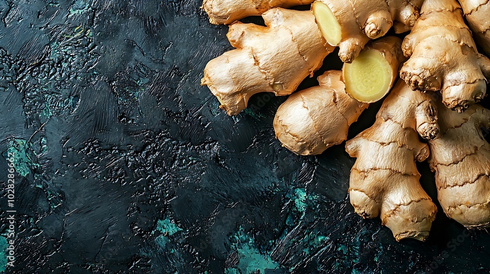 Poster fresh ginger root dark background close up top view : generative ai