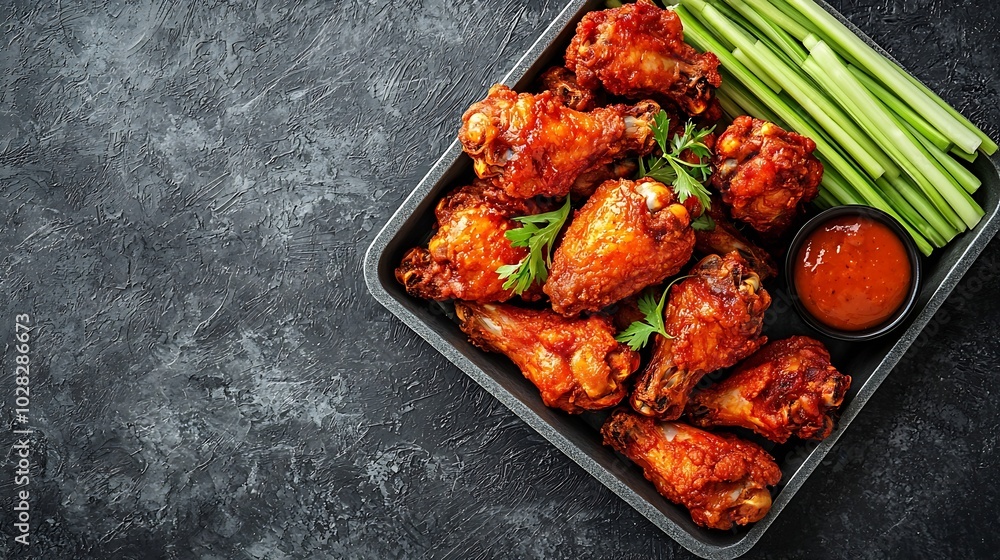 Poster chicken wings with vegetable sticks in box grey background close up top view : generative ai