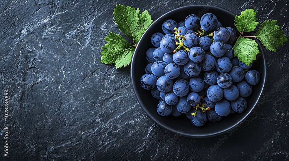 Poster Grape in bowl on a black stone background Copy space : Generative AI