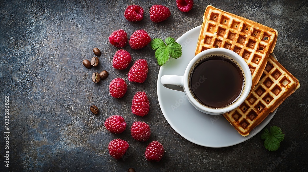 Poster Fresh waffles with cup of coffee and raspberry Grey background Top view : Generative AI
