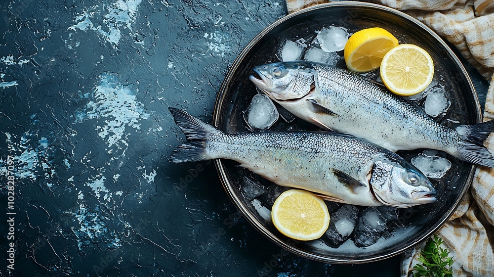 Poster dorado raw fish on a plate with ice and lemon black stone background top view : generative ai