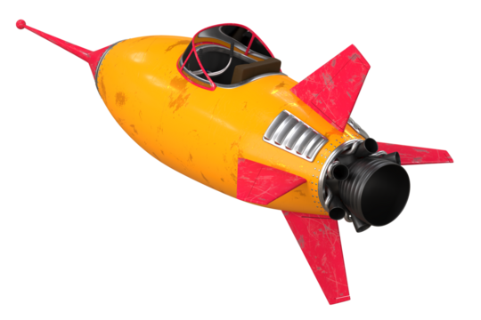 Yellow and red space rocket in vintage style