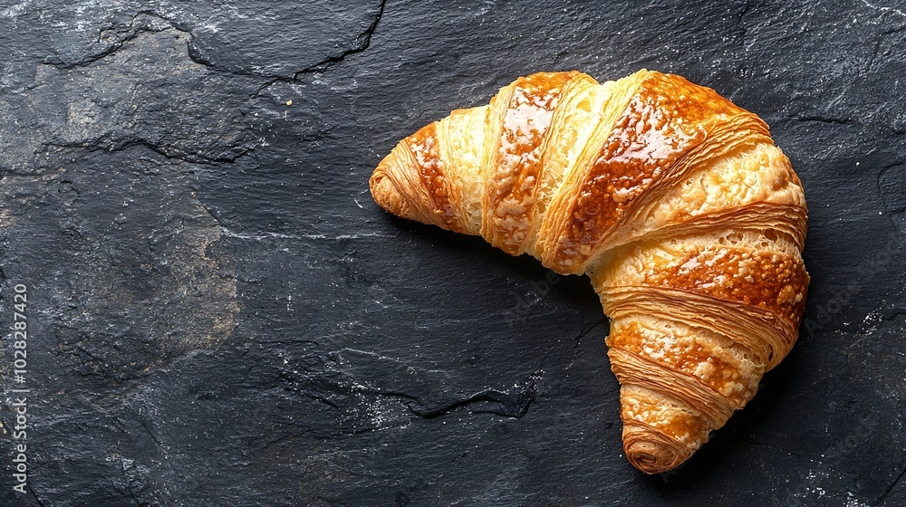 Poster fresh croissant on a black slate background top view : generative ai