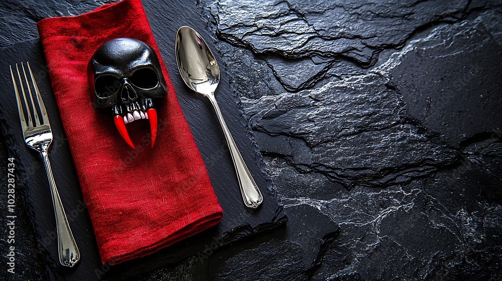 Poster halloween hollyday table setting decoration with vampire teeth and red napkin black slate background
