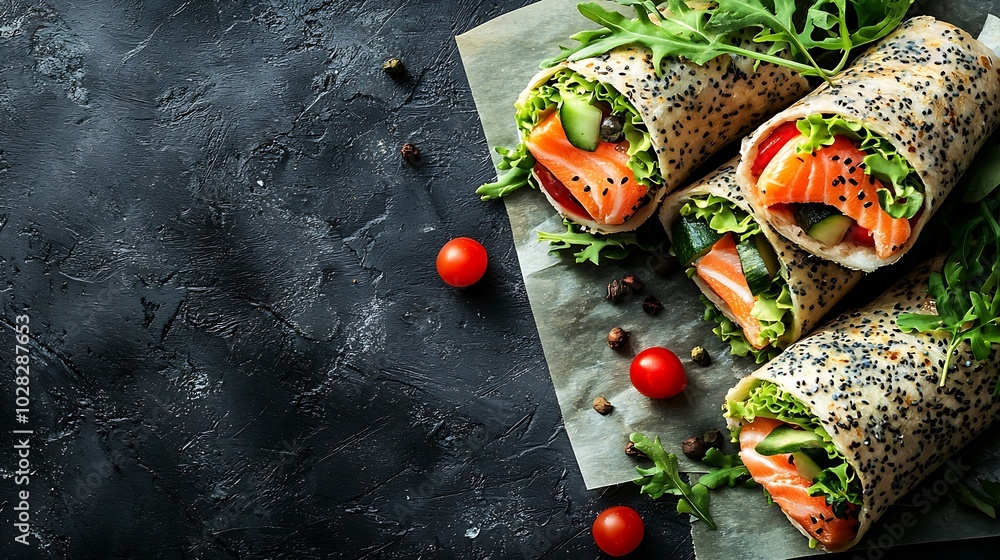 Poster wrap sandwich roll with fish salmon and vegetables grey background close up top view : generative ai