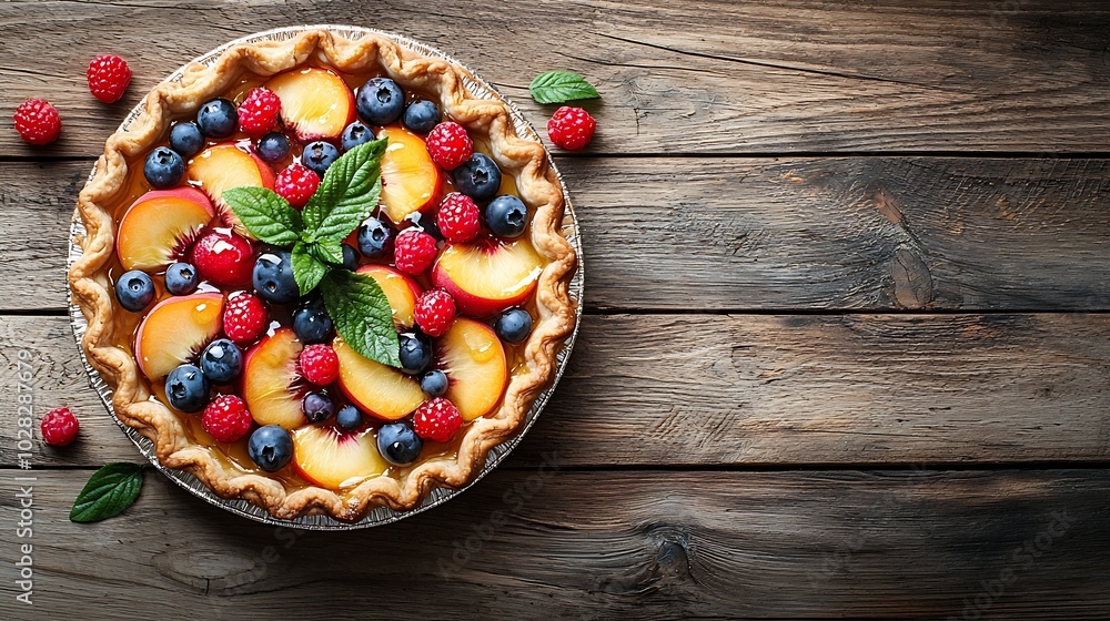 Poster peach galette pie cake with honey and berry on a wooden background top view : generative ai