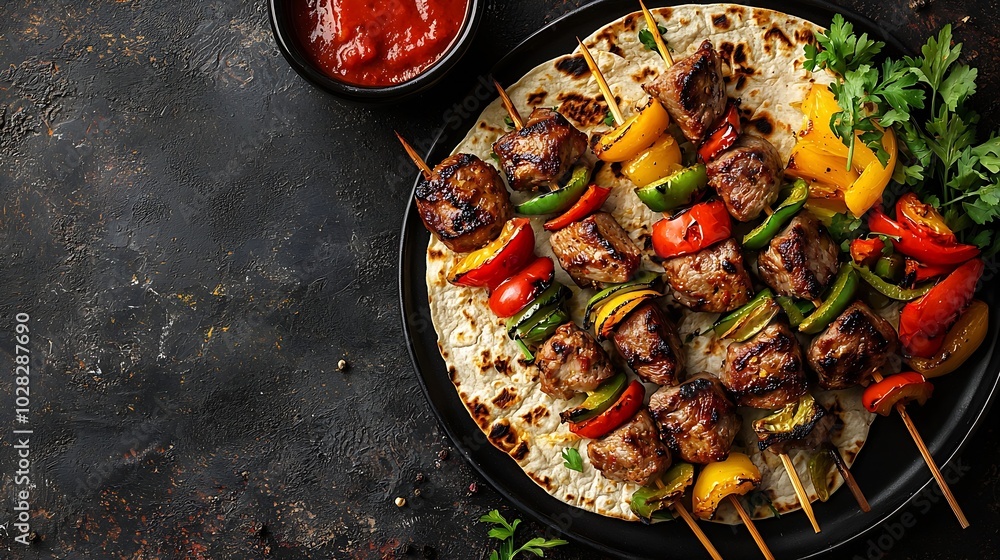 Aufkleber grilled meat kebabs vegetables on a black plate with tortillas flat bread slate background top view 