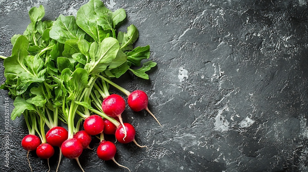Poster radish bunch on grey stone background copy space close up : generative ai