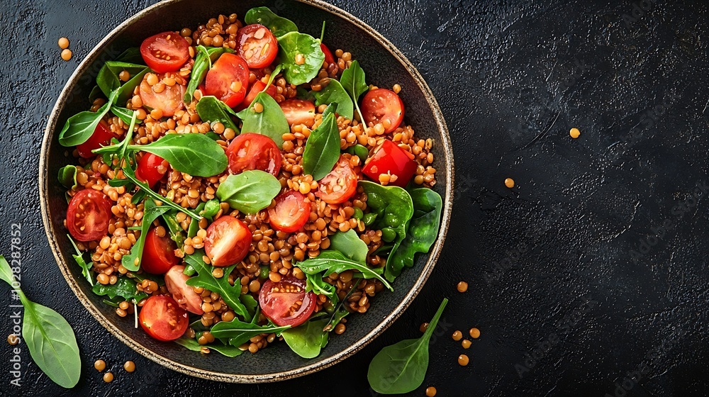 Poster lentil salad with mix vegetables in bowl grey background top view : generative ai