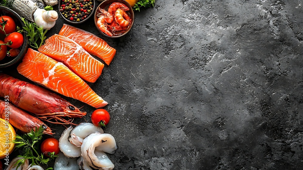 Poster fresh fish and seafood assortment on black slate background top view copy space : generative ai
