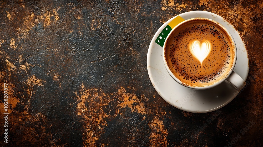 Poster cup of coffee with brazilian flag on marble table top view : generative ai