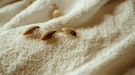 Bed bugs on a white towel close-up