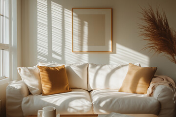 Mockup Frame, Bright Coastal Living Room with Neutral Furniture and Framed Art