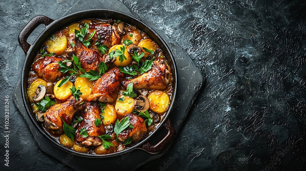 Poster duck legs confit with potato gratin and mushroom sauce top view slate background : generative ai
