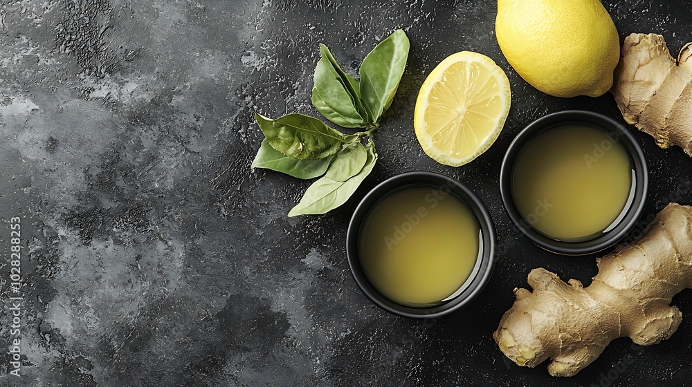 Poster ginger tea with lemon and honey in black cups grey background close up top view : generative ai