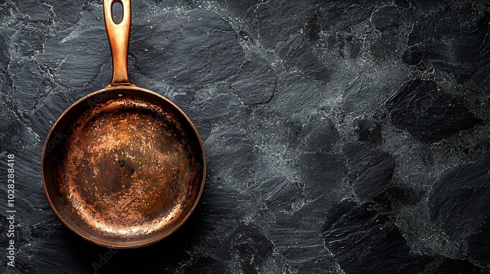 Poster copper saucepan on grey stone background copy space top view : generative ai