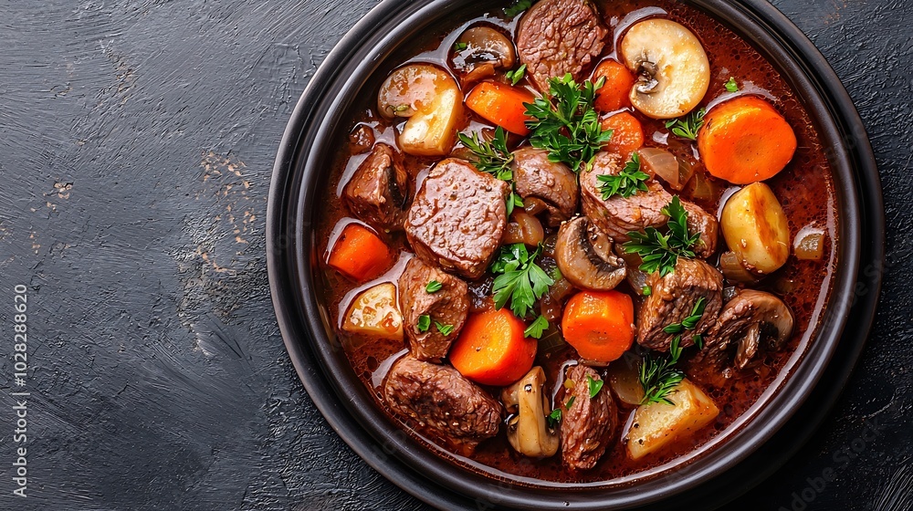 Poster beef bourguignon stew with vegetables grey background copy space : generative ai