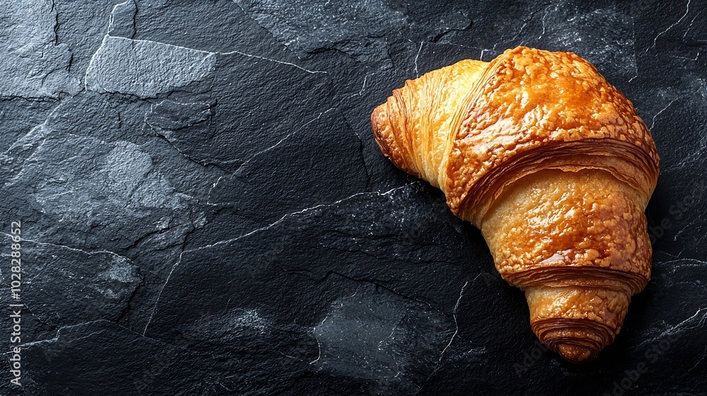 Poster Fresh croissant on a black slate background Top view Copy space : Generative AI