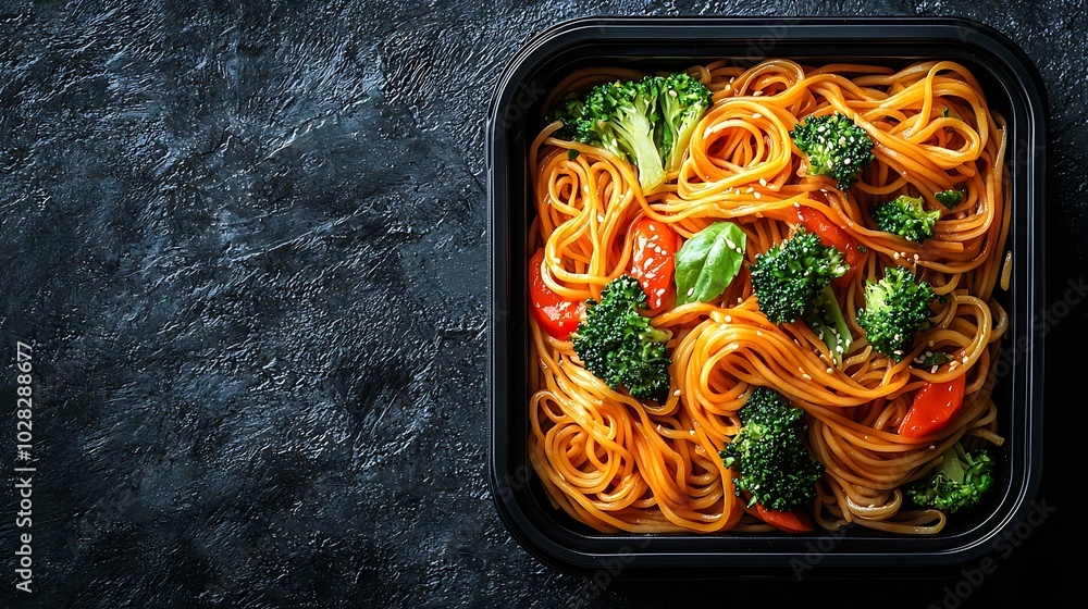 Aufkleber Stir fry noodles udon with vegetables in lunch box Grey background Copy space Top view : Generative AI